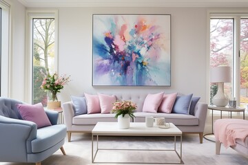 Beautiful bright living room interior with a comfortable white sofa and a large painting on the wall. Big windows.