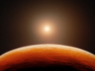 Obraz premium Panorama of the red planet, view from space. Sun above the surface of a Mars-like exoplanet. Cosmic landscape.