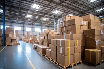 parcels piled up high at a global logistics warehouse