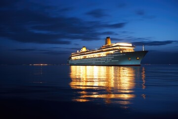 night view of a lit-up cruise ship sailing on calm waters