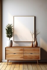 Fototapeta premium Interior design of modern living room and wooden cabinet with empty blank mock up poster frame.