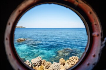a close-up shot of an ocean view from a cabin porthole
