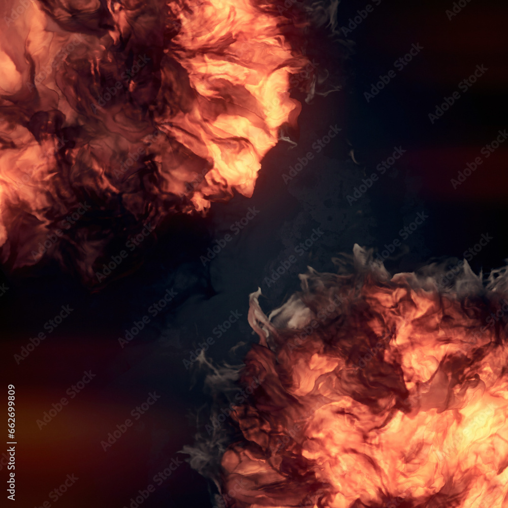 Poster Large fire explosion with bright orange color palette and dynamic tongues of flame. 3d rendering digital illustration