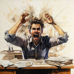 Drawing of a man stressed by work in the office