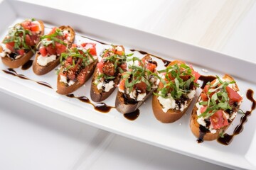 flat layout of bruschetta with ricotta served on a rectangular white platter