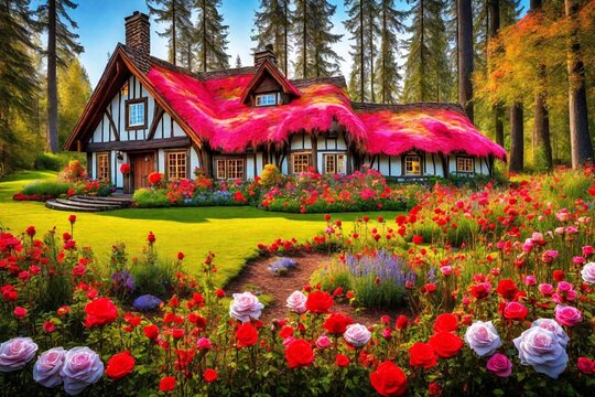 old house in the autumn with beautiful flowers and roses