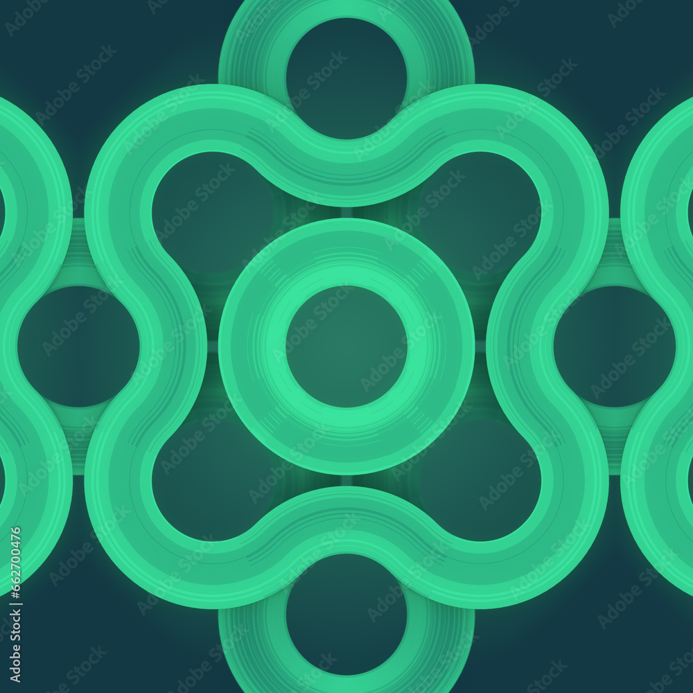 Poster 3d rendering digital illustration of symmetrical pattern of rounded green lines on dark green background. Generative art