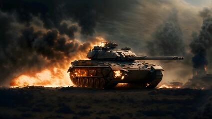 armored tank shooting of a battle field in a war. bombs and explosions in the background. fire smoke and ash everywhere. - obrazy, fototapety, plakaty