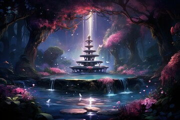 Enchanted song fountains, harmonizing with nature's melodies and creating enchanting displays - Generative AI