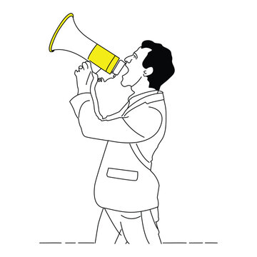 Young businessman announcing with Megaphone line art Drawing, illustration vector isolated on white background.