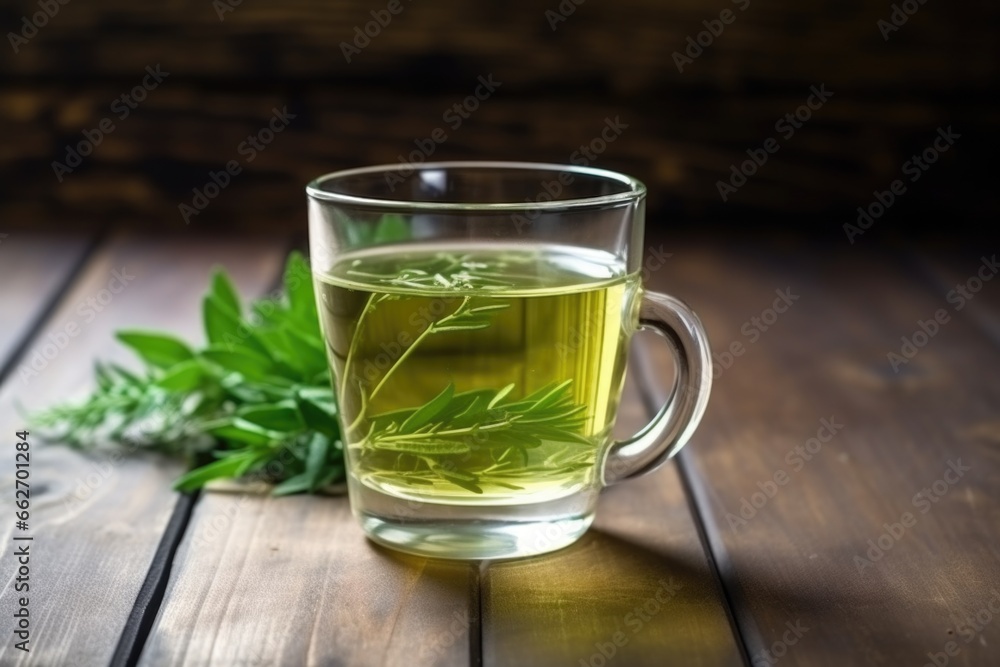 Poster green herbal tea in a transparent cup on a wooden table