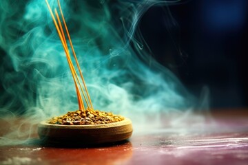 detail of burning incense stick with smoke trail - obrazy, fototapety, plakaty