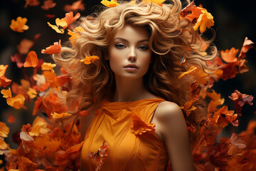 Fototapeta premium Beautiful woman portrait with vibrant hues of autumn leaves in her hair, capturing the essence of seasonal grace and natural beauty. Ai generated
