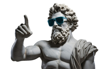 Sculpture of a Greek man in sunglasses pointing finger at your advertisement, male statue in Greek style isolated on a transparent background - obrazy, fototapety, plakaty