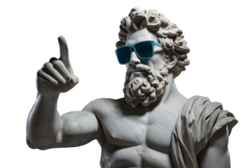 Sculpture of a Greek man in sunglasses pointing finger at your advertisement, male statue in Greek style isolated on a transparent background