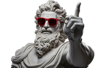 Sculpture of a Greek man in sunglasses pointing finger at your advertisement, male statue in Greek style isolated on a transparent background