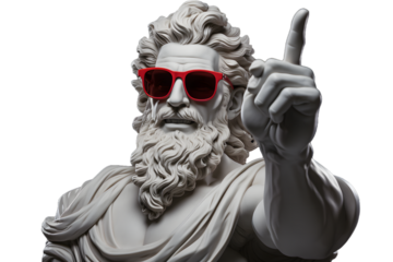 Sculpture of a Greek man in sunglasses pointing finger at your advertisement, male statue in Greek style isolated on a transparent background