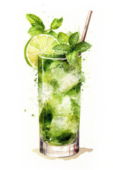 Mojito cocktail, artistic illustration isolated on white background