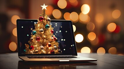 Laptop on table and Christmas tree on New Year's Eve. Generative AI