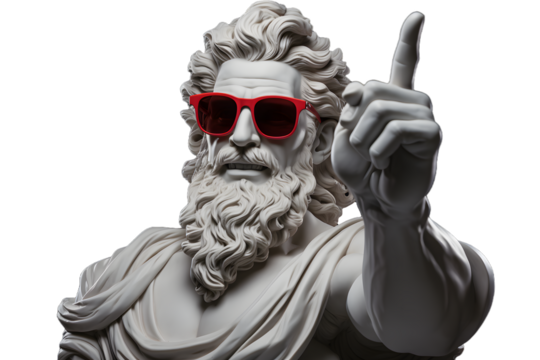 Sculpture of a Greek man in sunglasses pointing finger at your advertisement, male statue in Greek style isolated on a transparent background