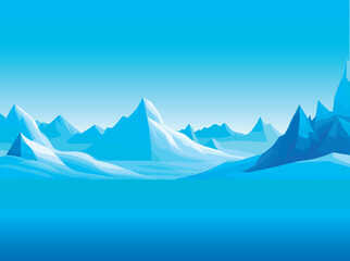 Vector illustration of realistic cartoon-style winter Arctic nature with icy icebergs and snowy mountain hills. EPS-10
