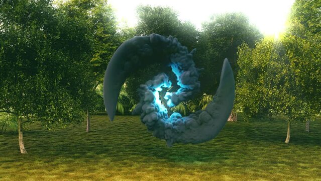 teleportation vortex in a forest. 3d animation of a magic portal in a forest. teleportation portal in a sunny forest. magical smoke vortex in nature in 3d. appearance of a teleportation vortex