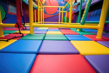 a brightly colored jungle gym on a cushioned rubber surface