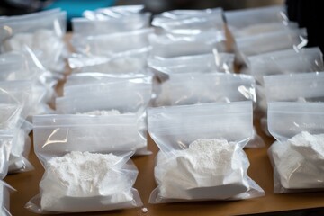 image of multiple small baggies filled with white powder - obrazy, fototapety, plakaty