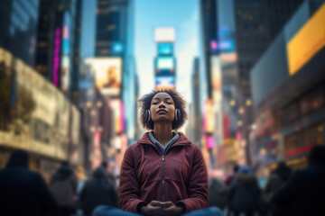 mujer meditando en la calle entre rascacielos de una gran ciudad