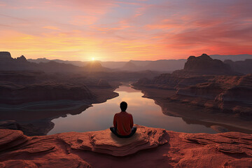 hombre de espaldas, sentado meditando en posición de loto yoga sobre piedra en la cima de una montaña al  atardecer sobre rio y montañas - obrazy, fototapety, plakaty