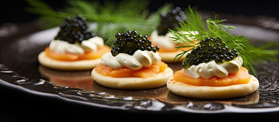 Macro horizontal canapes featuring black sturgeon caviar smoked salmon and dill With copyspace for text