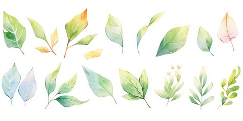 Set of watercolor green leaves with gold lines elements. Clipart botanical collection. - obrazy, fototapety, plakaty