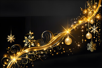 Golden sparkling stars on black background. Merry Christmas and happy new year background with copy space for design. Elegant Christmas background