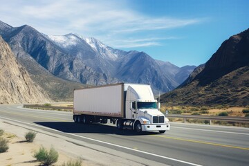 White Cargo Truck With Blank Trailer On Us Highway Amid Mountains