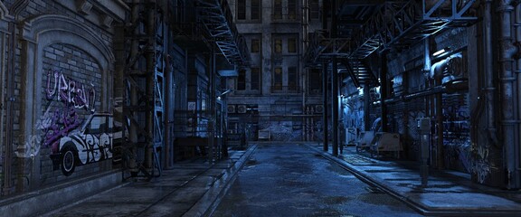 A gloomy city alley with scant neon lighting. The backyards of a futuristic cyberpunk city. Photorealistic 3D illustration.