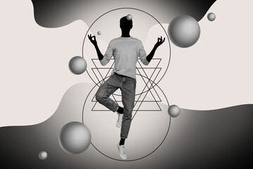 Image black white gamma collage of unknown unusual guy practicing yoga om geometric figures isolated on grey color background