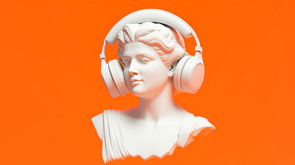 White gypsum goddess statue wearing headphone on orange background - obrazy, fototapety, plakaty