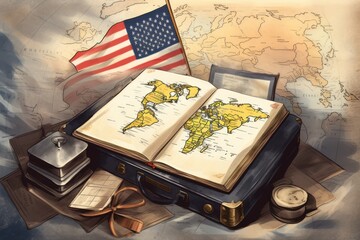 Naklejka na ściany i meble An open book with a map o the world.
