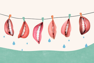 Collage poster image of many human mouths hanging string drying speaking blah blah isolated on painted background