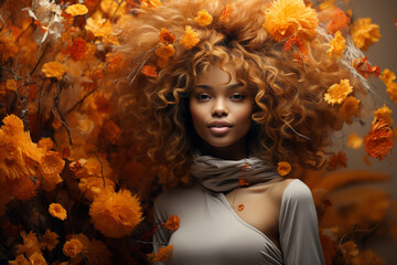 Beautiful woman portrait with vibrant hues of autumn leaves  in her hair, capturing the essence of seasonal grace and natural beauty. Ai generated