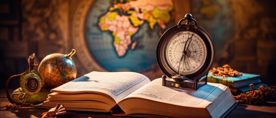 An open book with a map o the world. antique brass telescope and compass old times world map - obrazy, fototapety, plakaty