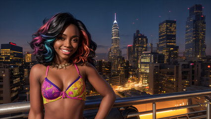 Piękna czarnoskóra kobieta pozuje na tle bardzo nowoczesnego miasta. Kobieta w bogatym stroju bikini z pomalowani włosami i makijażem. Ilustracje w colorystyce Cyberpunk.