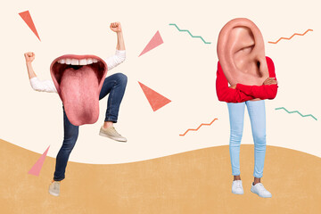 Collage comics zine of two weird unusual faceless characters chatting speaking sharing news...