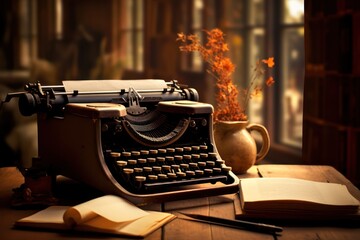typewriter and a book on the table. cozy. warm. writer concept - obrazy, fototapety, plakaty