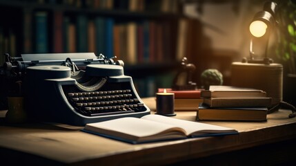 typewriter and a book on the table. cozy. warm. writer concept - obrazy, fototapety, plakaty