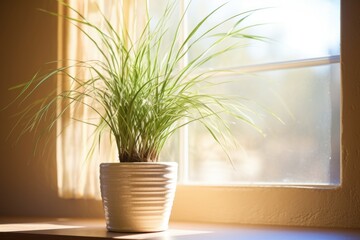 Fototapeta premium a potted yucca plant in front of a sunlit window