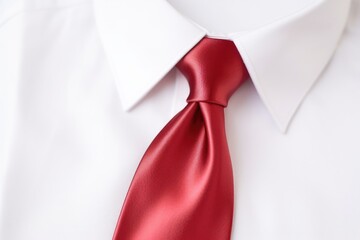 close-up of a red silk tie knot on white shirt