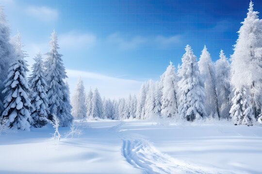 Idyllic Winter Christmas Landscape, Showcasing White Trees In Snowcovered Forest With Snowdrifts And Snowfall Against Blue Sky On Sunny Day, Creating Serene Atmosphere In Blue