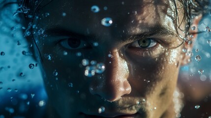 A close-up shot capturing the focused determination in the eyes of a professional swimmer as they...