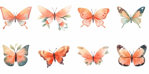 Set of flying gentle butterflies. Vector illustration in vintage watercolor style. Template for your design.